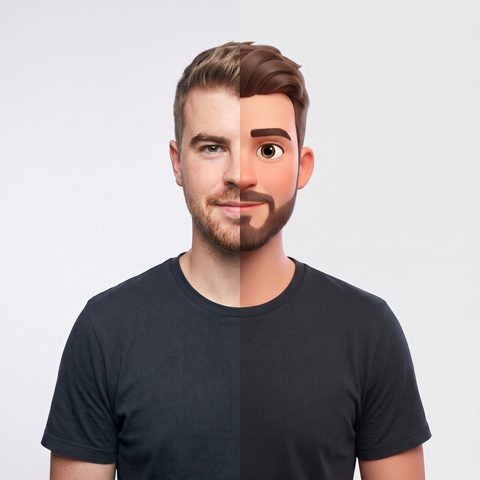 Jeppe Heyvaert, links als foto, rechts als 3D-personage